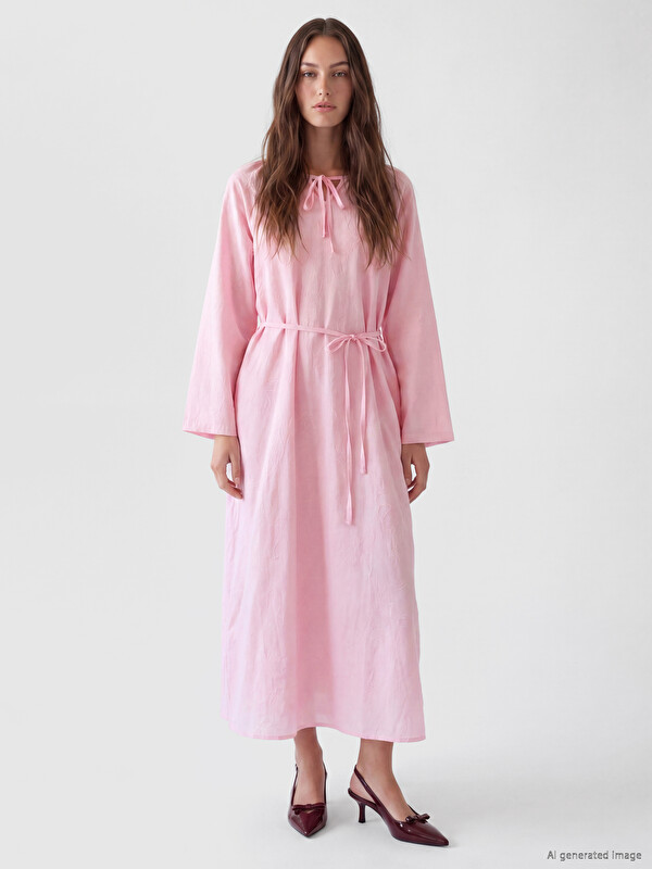 LCW Comfort Tie Neck Embroidered Dress