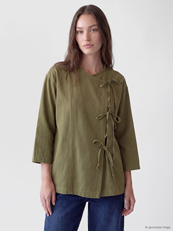 LCW Modest Double Breasted Collar Tie-up Women's Kimono