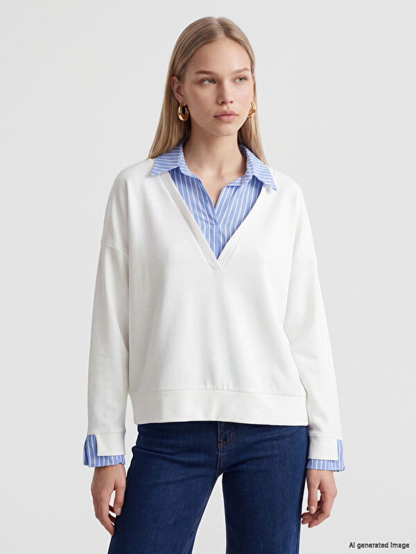 Natuvera Gömlek Yaka Çizgili Kadın Sweatshirt