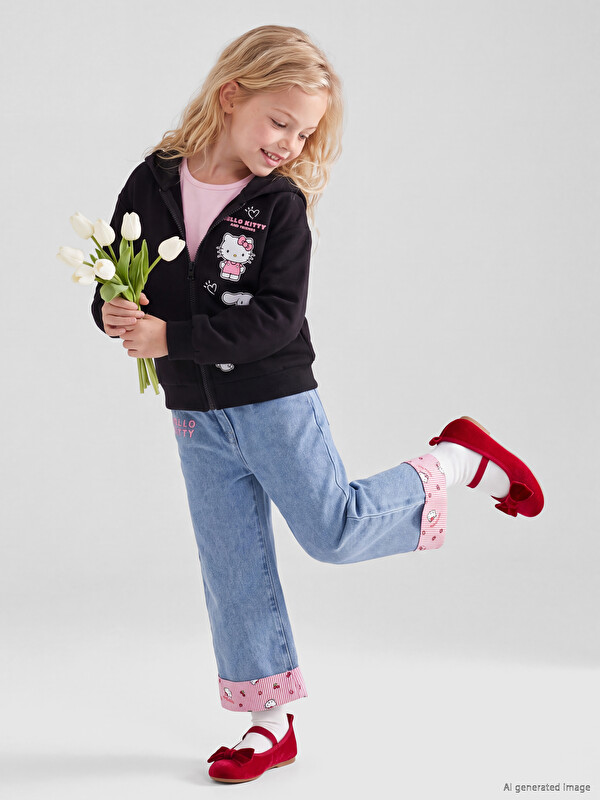 LCW Kids Hello Kitty Embroidered Wideleg Girls' Jeans