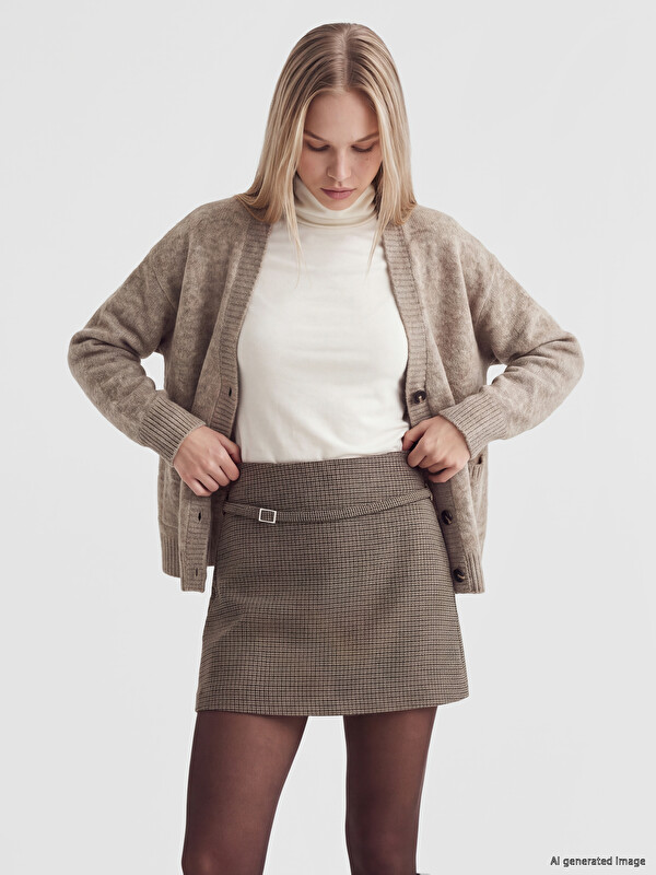 LCW Vision Belted Houndstooth Patterned Mini Skort