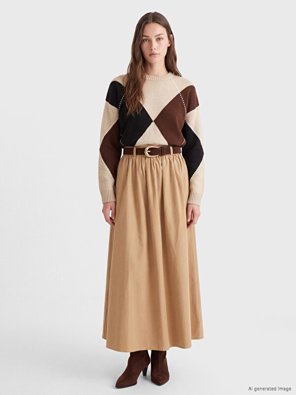 LCW Modest Elastic Waist Poplin Flared Skirt