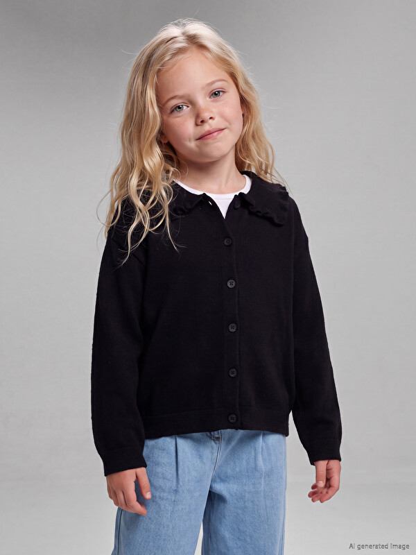 LCW Kids Ruffled Peter Pan Collar Girls' Knitwear Cardigan