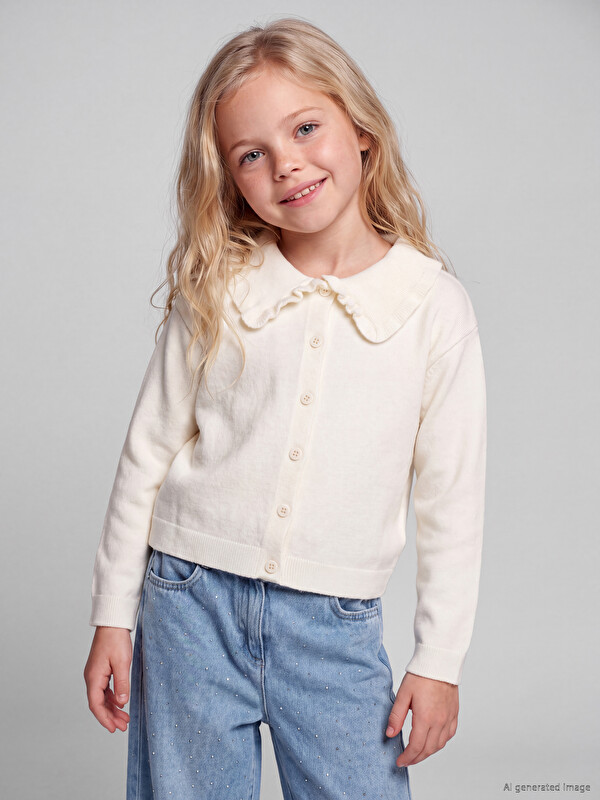 LCW Kids Ruffled Peter Pan Collar Girls' Knitwear Cardigan
