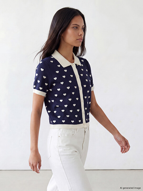 LCW Comfort Polo Yaka Kalp Desenli Kadın Triko Hırka