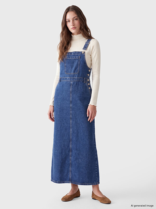 LCW Modest Kare Yaka Jean Salopet Elbise