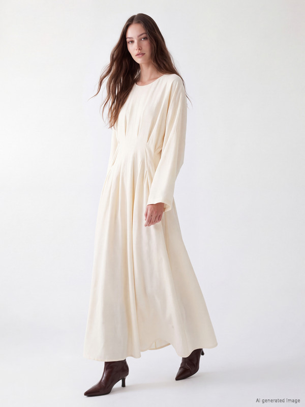LCW Modest Crew Neck Ruched Dress