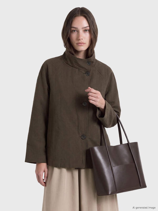 LCW Modest Dik Yaka Ekose Oversize Kadın Trençkot