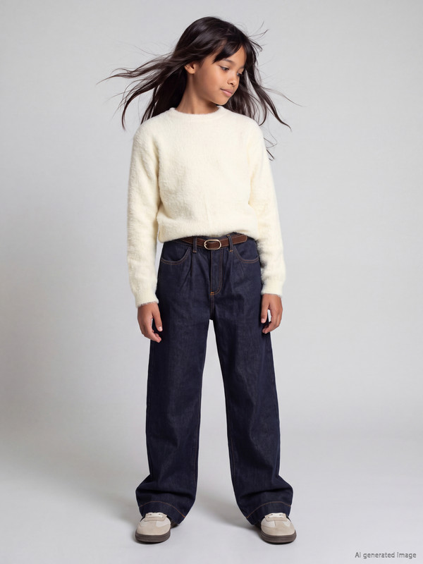 LCW Kids Wideleg Kız Çocuk Kemerli Jean Pantolon