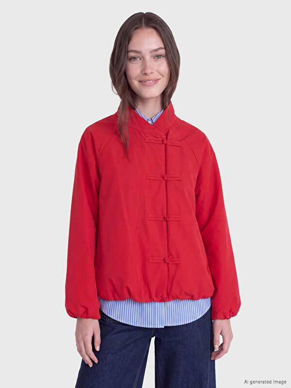 LCW Modest Grandad Collar China Buttoned Women's Trench Coat