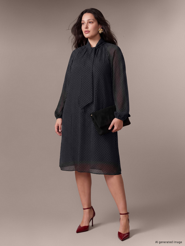 LCW Curve Plus Size Tie Neck Polka Dot Dress