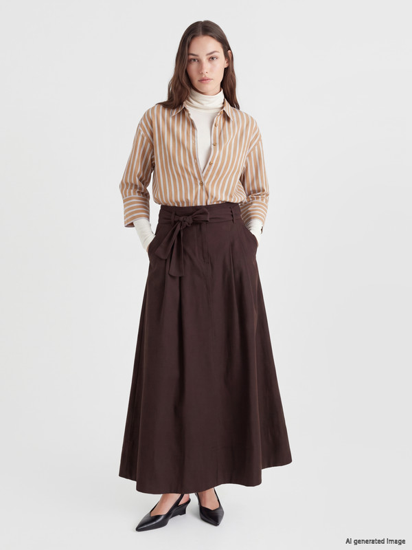 LCW Modest Waist Belted Poplin Flared Skirt