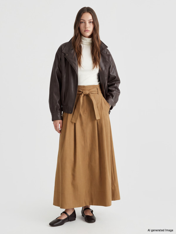 LCW Modest Waist Belted Poplin Flared Skirt