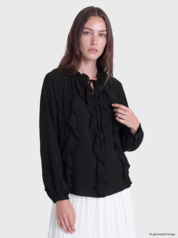 LCW Modest Tie Neck Ruffled Blouse