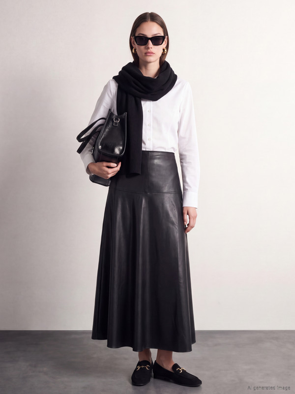 LCW Modest Zippered Flared Leather Look Skirt