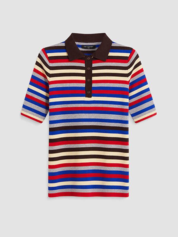 LCW Comfort Polo Yaka Çizgili Kadın Triko Kazak