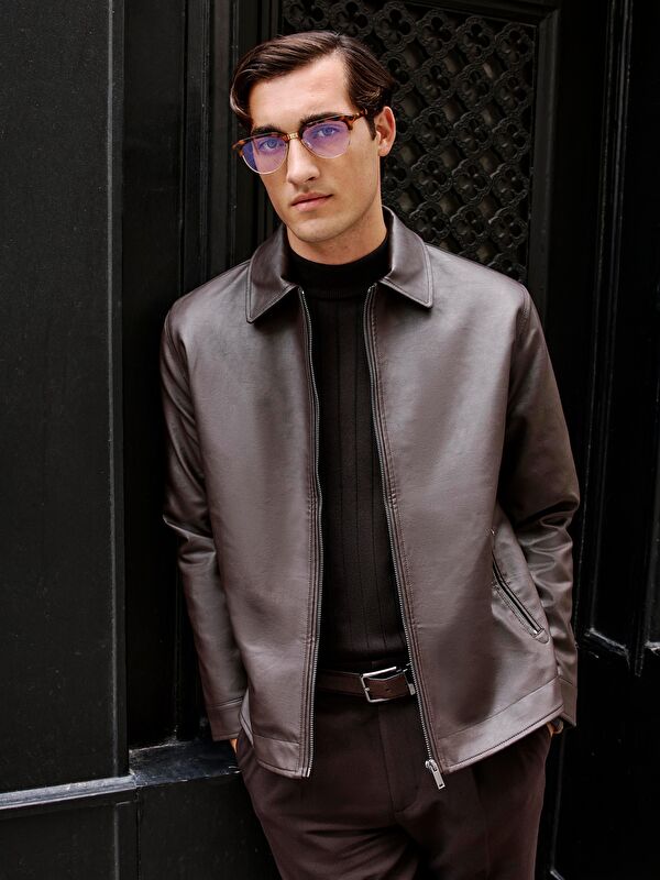 SOUTHBLUE Shirt Collar Men's Faux Leather Jacket