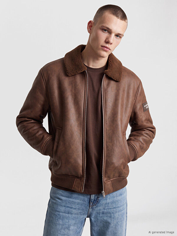 XSIDE Relax Fit Fur Collar Men's Faux Leather Coat
