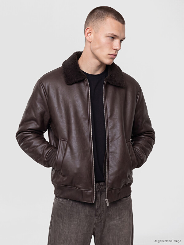 XSIDE Relax Fit Fur Collar Men's Faux Leather Coat
