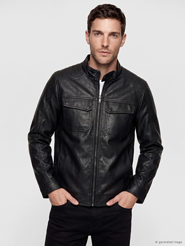 LCWAIKIKI Classic Regular Fit Dik Yaka Erkek Deri Görünümlü Mont