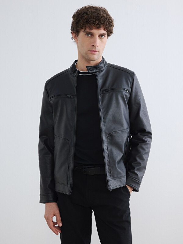 LCWAIKIKI Classic Regular Fit Dik Yaka Erkek Deri Görünümlü Ceket
