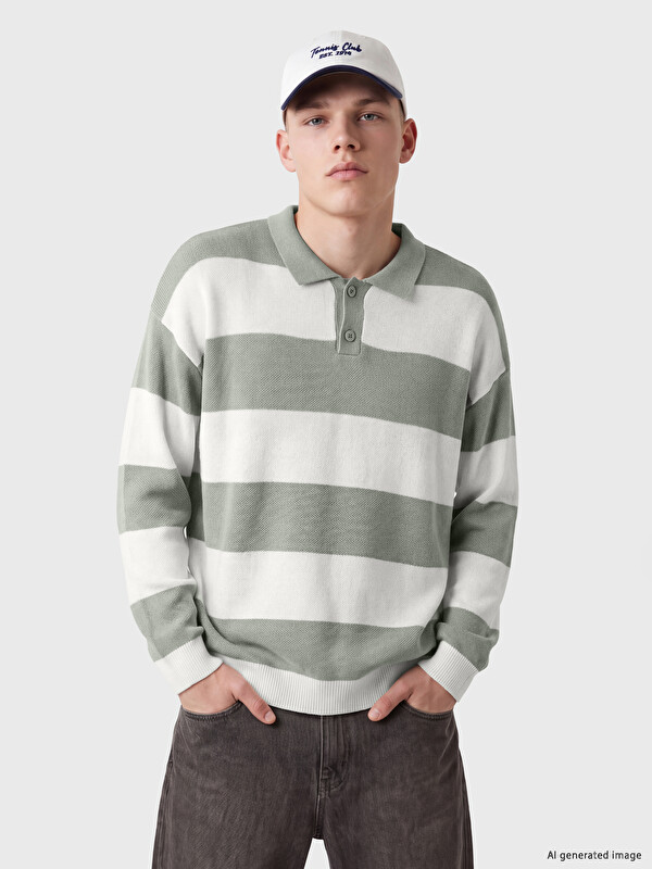 XSIDE Polo Yaka Çizgili Erkek Triko Kazak