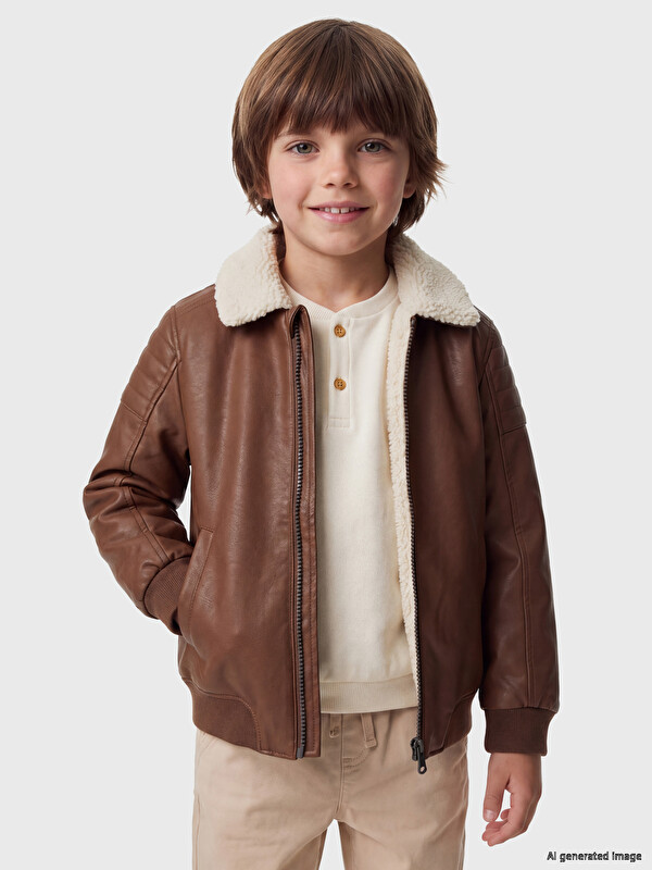 LCW Kids Kürk Yaka Erkek Çocuk Deri Görünümlü Mont