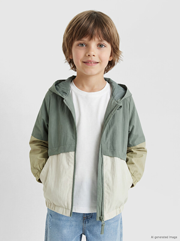 LCW Kids Kapüşonlu Renk Bloklu Erkek Çocuk Yağmurluk