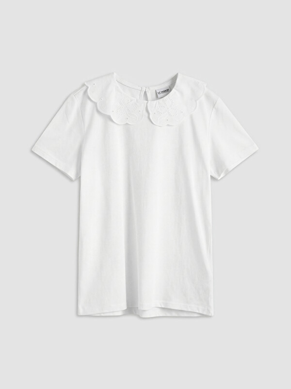 LCW Kids Peter Pan Collar Embroidered Girls' T-Shirt