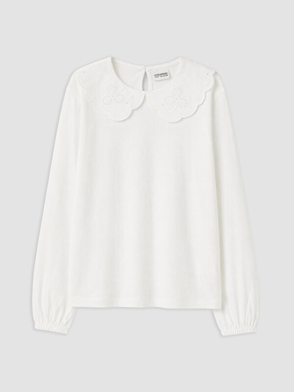 LCW Kids Peter Pan Collar Embroidered Girls' T-Shirt