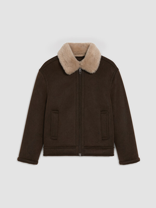LCW Kids Kürklü Yaka Erkek Çocuk Süet Görünümlü Mont