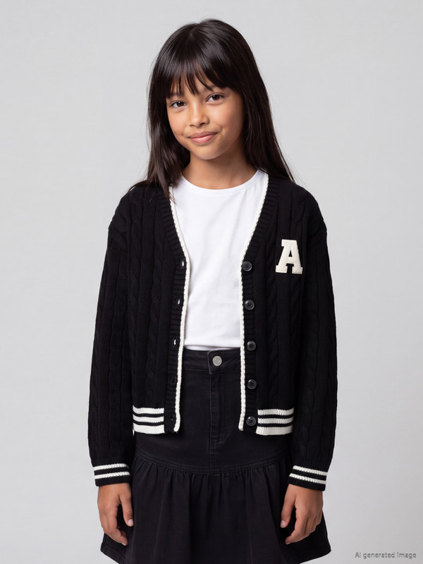 LCW Kids V Yaka Nakışlı Kız Çocuk Hırka