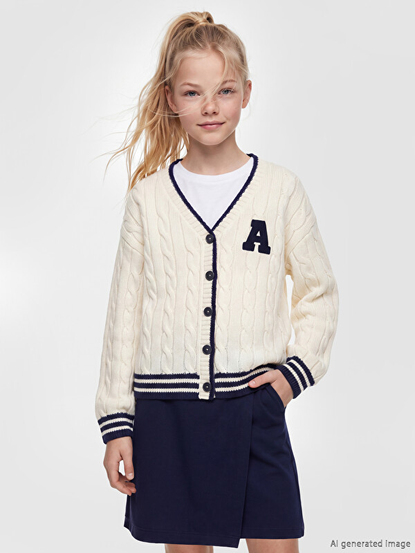LCW Kids V Neck Embroidered Girls' Knitwear Cardigan