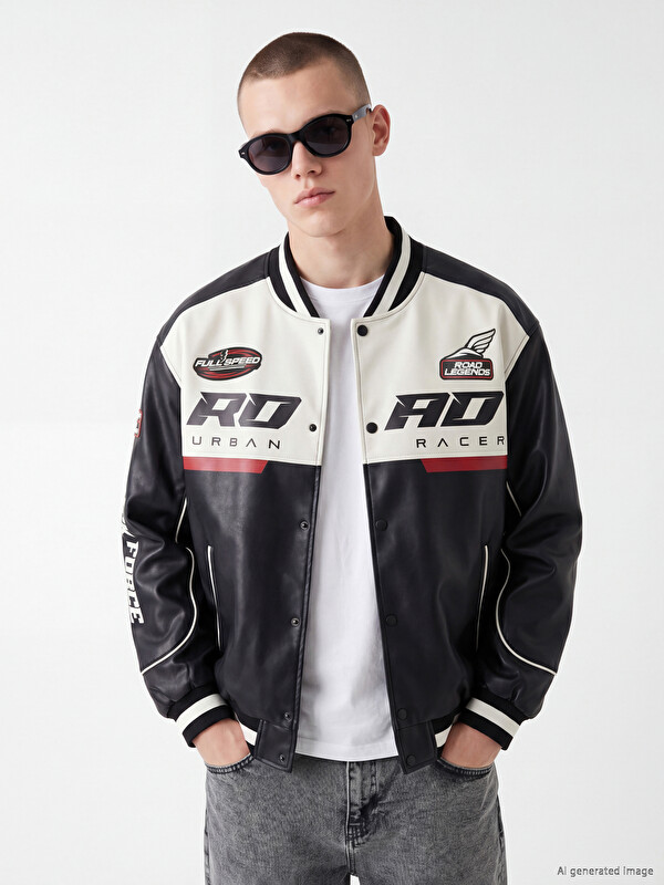 XSIDE Relax Fit Baseball Collar Men's Faux Leather Coat