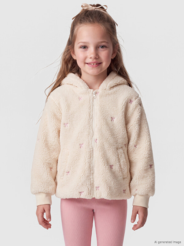 LCW baby Bow Embroidered Hooded Girls' Plush Coat