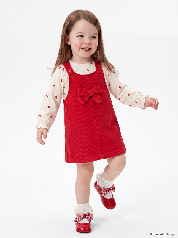 LCW baby Bow Velvet Baby Girls' Pinafore Dress and T-Shirt