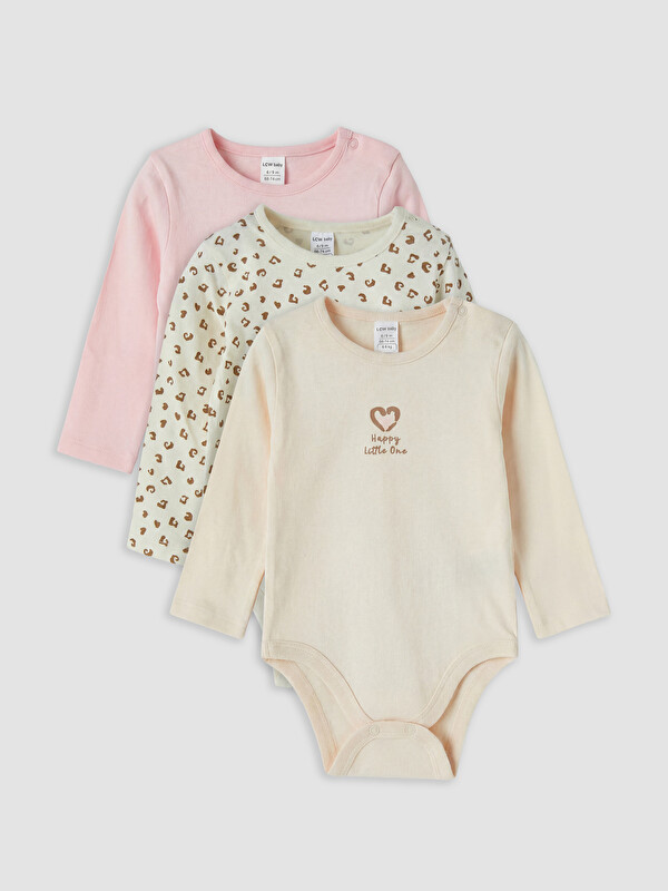 LCW baby Crew Neck Printed Baby Girls' 3-Pack Snap Bodysuit