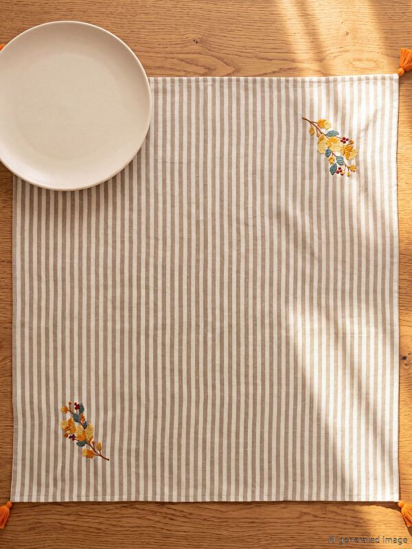 LCW HOME Striped Embroidered Tasseled Tablecloth 90x90 cm