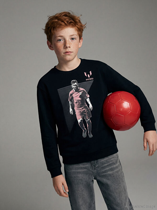 LCW Kids Bisiklet Yaka Messi Baskılı Erkek Çocuk Kalın Sweatshirt