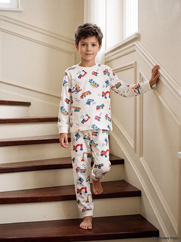 LCW Kids Bisiklet Yaka Baskılı Erkek Çocuk Pijama Takım