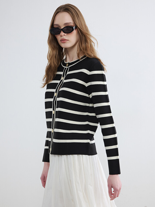 LCW Modest Дөңгелек жағалы жолақты әйелдер трикотаж кардиган