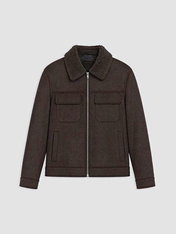 LCW Vision Regular Fit Fur Collar Men's Suede Coat