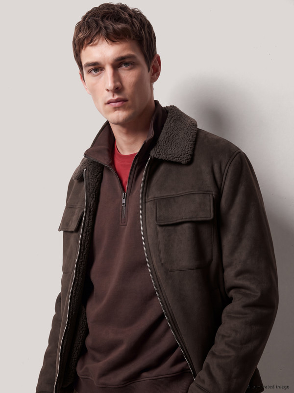 LCW Vision Regular Fit Fur Collar Men's Suede Coat