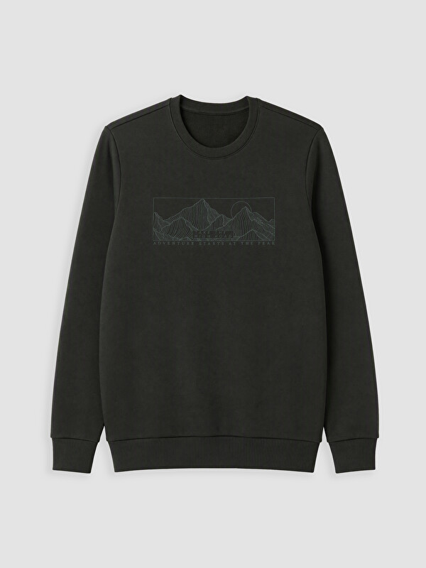 LCWAIKIKI Classic Bisiklet Yaka Baskılı Erkek Kalın Sweatshirt