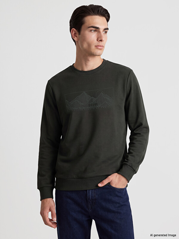 LCWAIKIKI Classic Bisiklet Yaka Baskılı Erkek Kalın Sweatshirt
