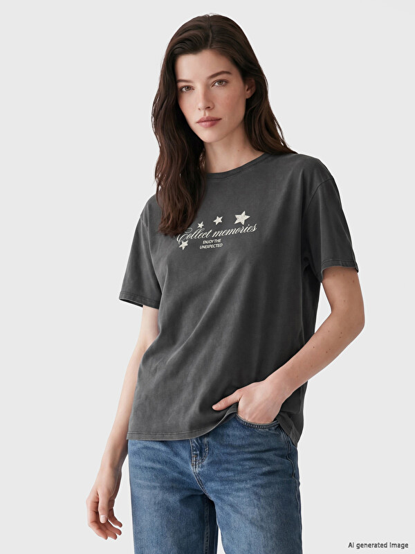 LCW Comfort Женская футболка с круглым вырезом и принтом