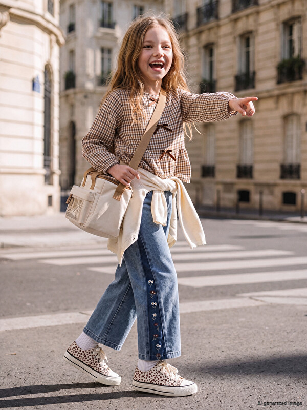 LCW Kids Çiçek Nakışlı Wideleg Kız Çocuk Jean Pantolon