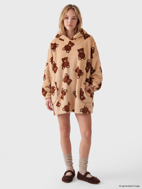 LCW Young Hooded Bear Printed Women's Plush Pyjamas Top