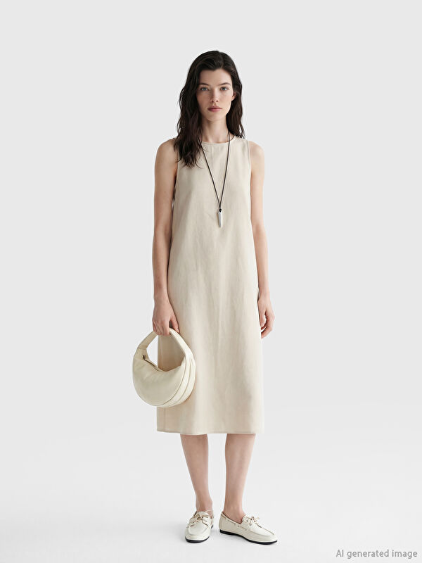 LCWAIKIKI Maternity дөңгелек жағалы әйелдер зығыр қоспасы көйлек