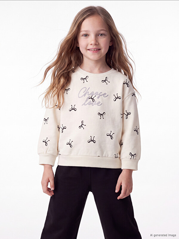 LCW Kids Set i trashë me jakë të rrumbullakët me model me fjongo për vajza